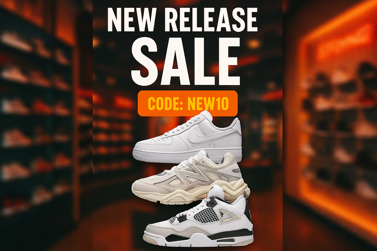 new release sale code: new 10 , put 3 shoes there air force 1 new balance 9060, jordan 4 just as pciture und hochkant sodass es auf handy sochtbar it
